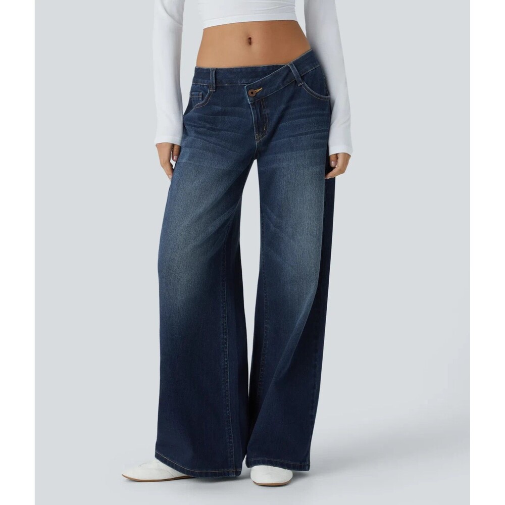 Halara Flex Asymmetric Low Rise Wide Leg Jeans Womens XL Tall Blue Baggy NEW